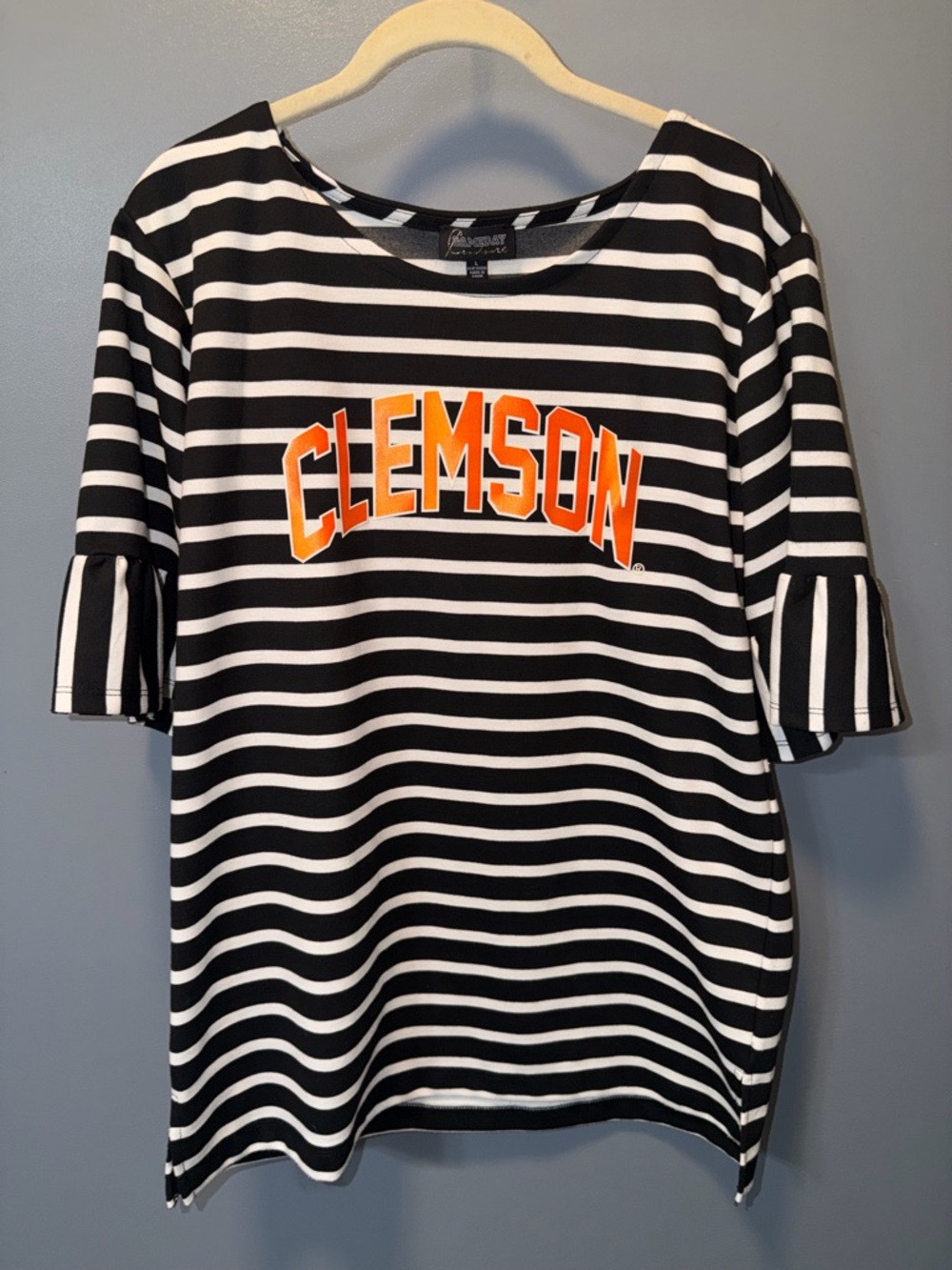 Black & White Striped Short-Sleeve Tee with Orange Clemson Logo